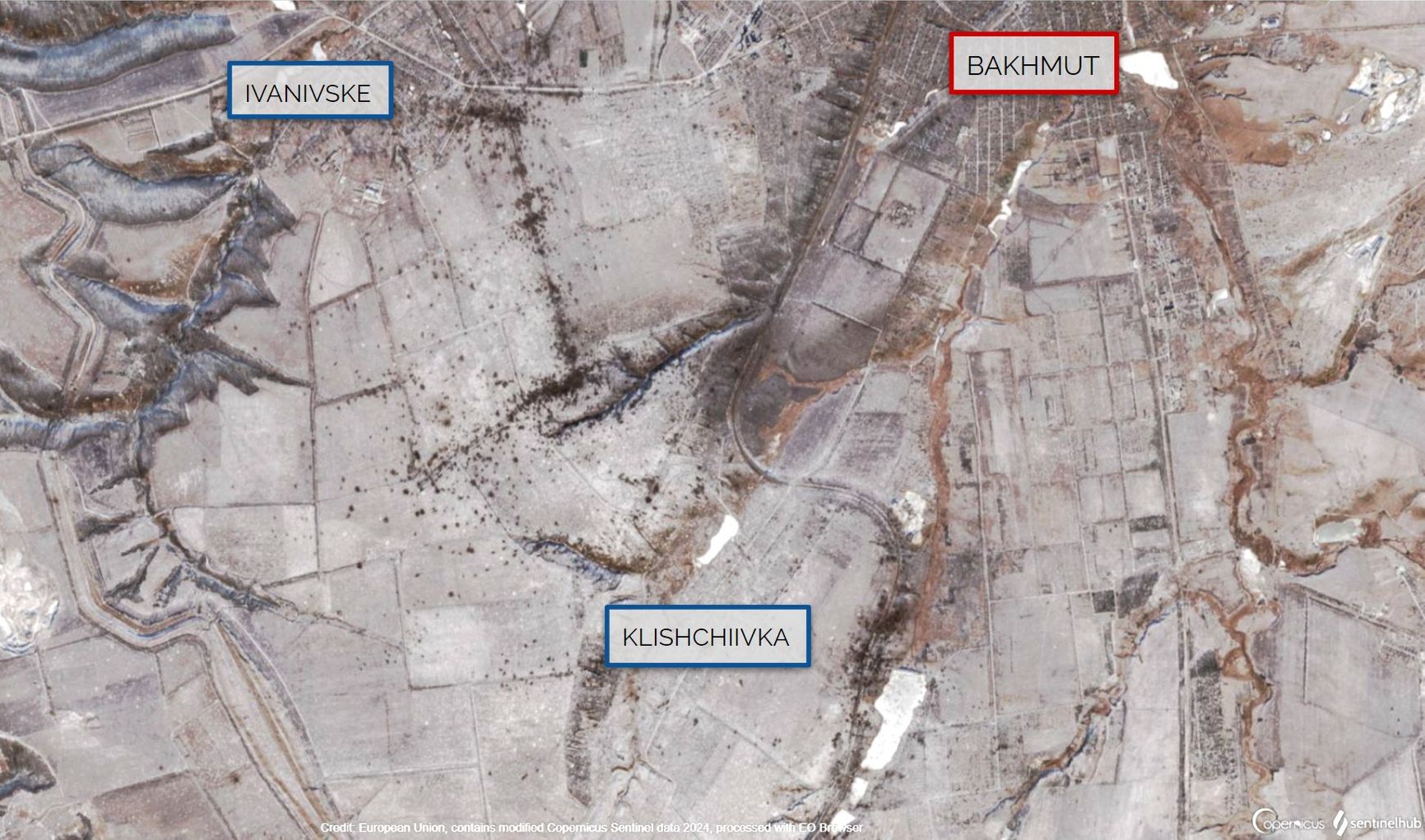 Спутниковый снимок района западнее и юго-западнее Бахмута