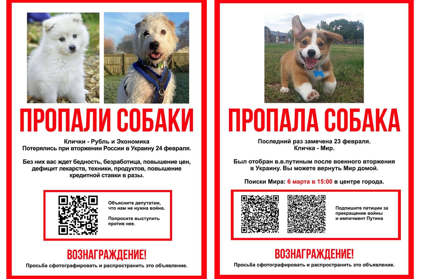 “Dogs missing. Ruble and Economy. Last seen on February 24, when Putin invaded Ukraine. Without them, you get poverty, unemployment, soaring prices, shortages of drugs, electronics, food, and manifold increases of interest rates. Tell your deputy you don’t need war. Ask them to oppose it. Reward guaranteed! Please spread the word.” “Dog missing. Answers to the name of ‘Peace’. Last seen on February 23. Putin took him away when his troops invaded Ukraine. You can bring Peace back home. Looking for Peace: March 6, 15:00, city center. Sign the petitions to stop the war and impeach Vladimir Putin. Reward guaranteed! Please spread the word.”
