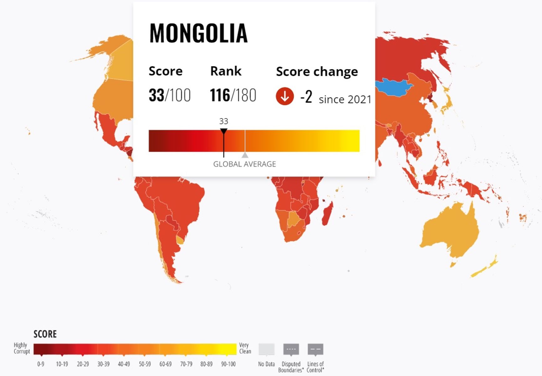 Mongolia on the Corruption Perception Index map