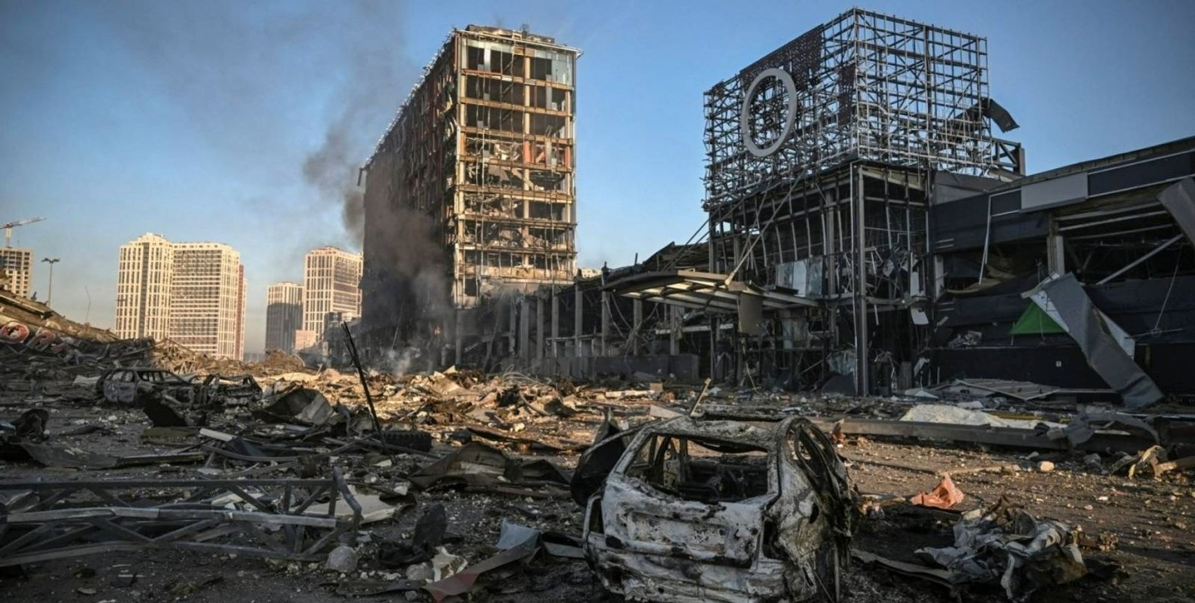 The aftermath of a Russian missile strike on a shopping mall in Kyiv. The attack is believed to have been carried out with a Kinzhal missile