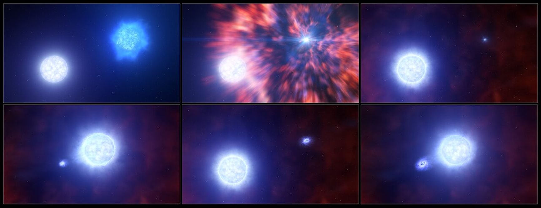 Иллюстрация процесса: от взрыва звезды в бинарной системе двух звезд и образования сверхновой, до новой «дружбы» — компактного объекта с звездой-компаньоном
