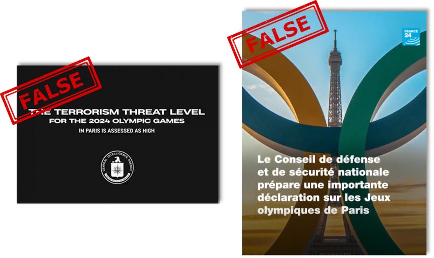  Фальшивый видео-пресс-релиз, предупреждающий общественность о возможных террористических атаках на летних Олимпийских играх 2024 года в Париже (слева). Сфабрикованный новостной ролик France24, в котором утверждается, что почти четверть билетов на Париж-2024 была возвращена из-за опасений терактов (справа). 