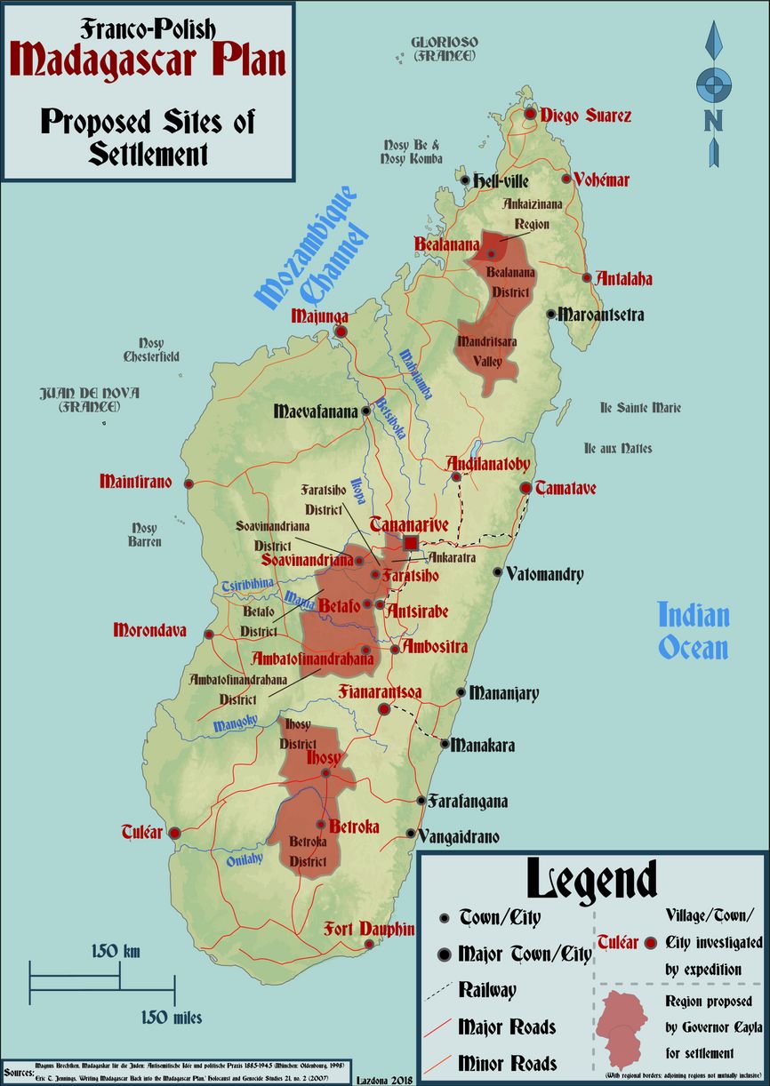 Предлагаемые участки для расселения евреев на Мадагаскаре в соответствии с французско-польской версией плана 1937 года