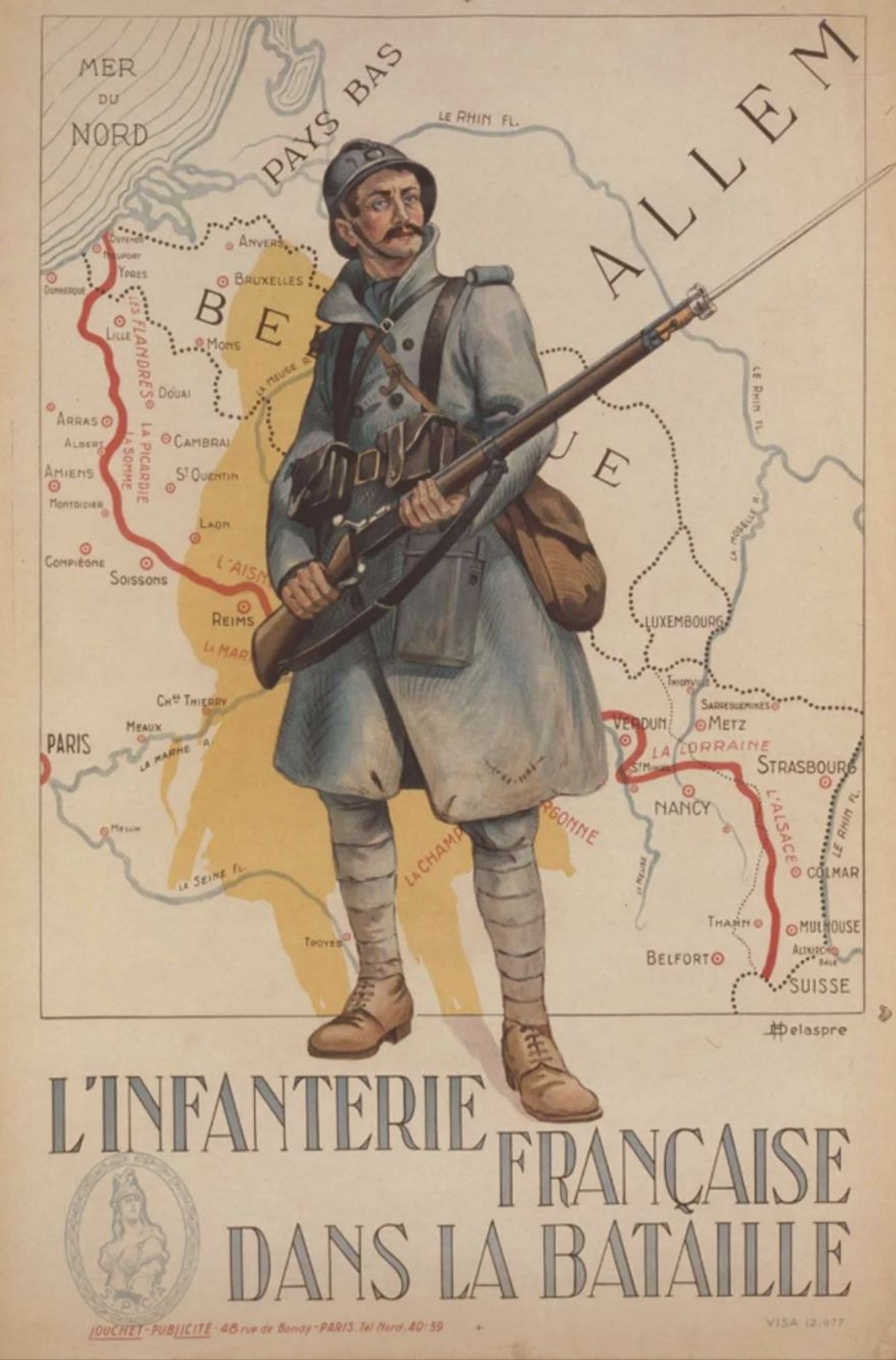 Poster with a French soldier in front of the Hindenburg Line shown on a map (highlighted in red) 