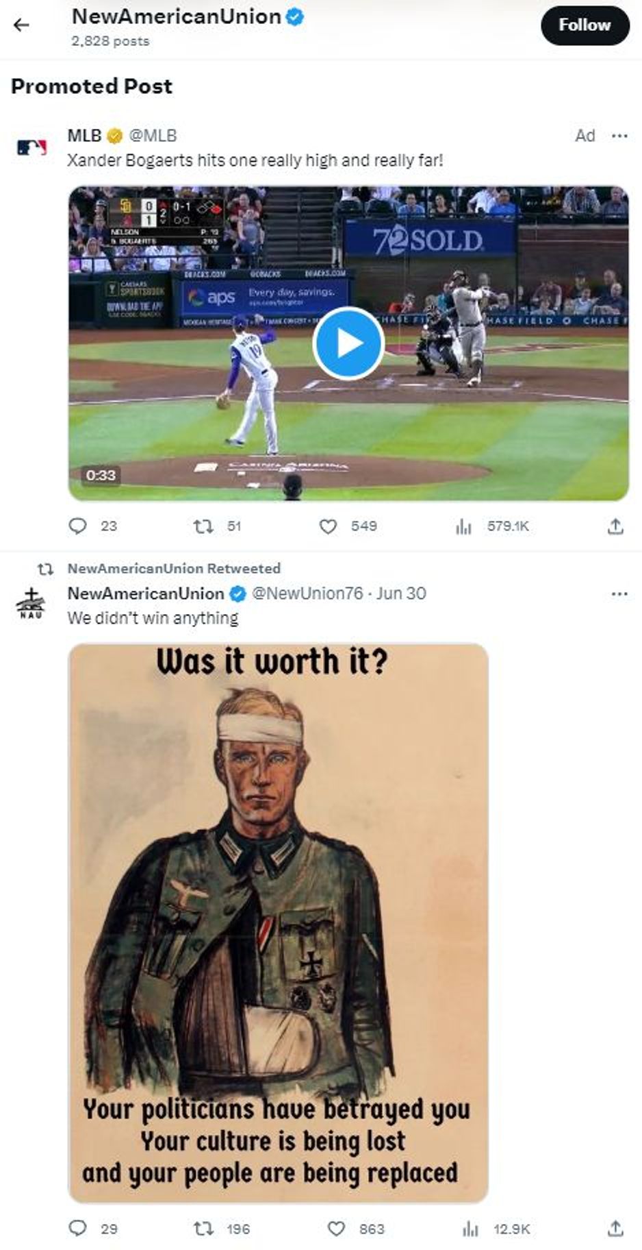 An example of Major League Baseball (MLB) ads in the same feed as tweets from an account glorifying Hitler.