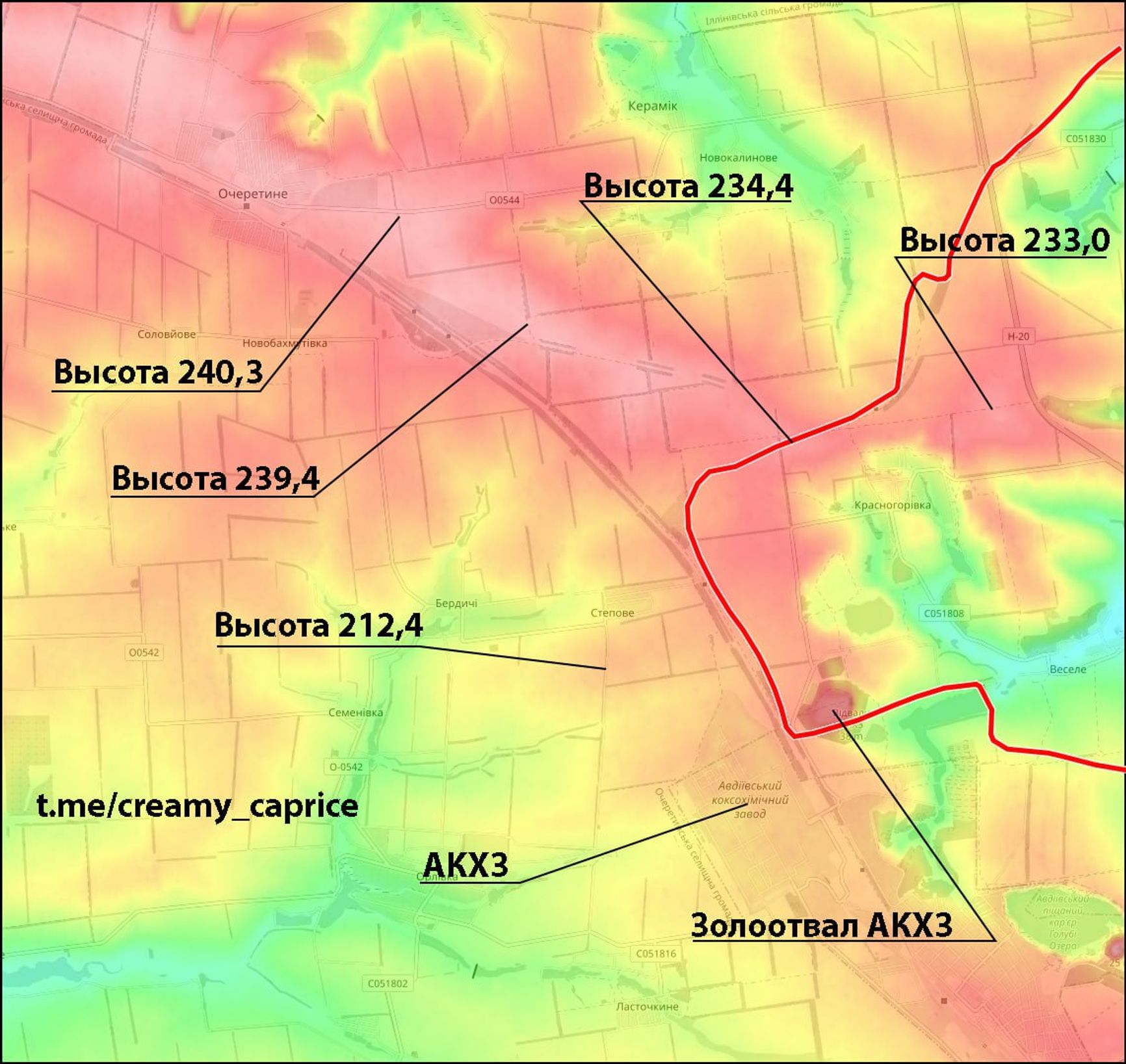 Ситуация на северном фасе авдеевского укрепрайона по версии Telegram-канала «Сливочный каприз» на карте высот