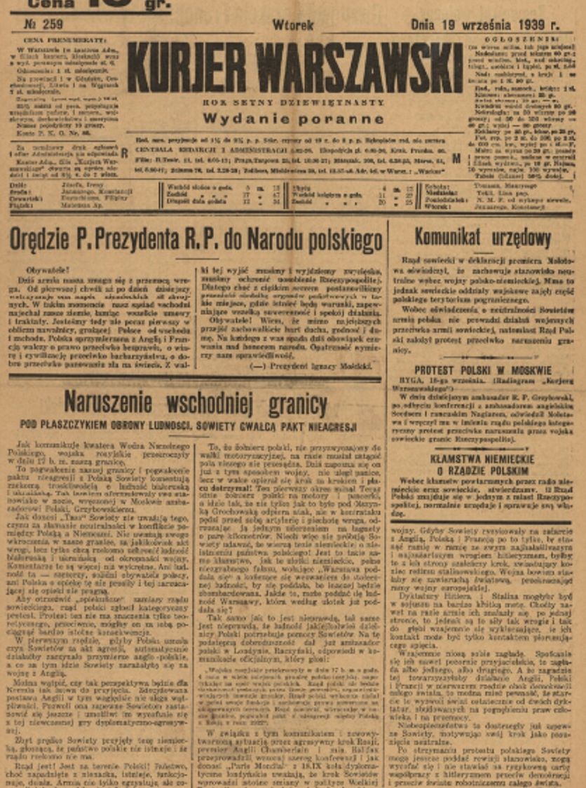 Газета Kurjer Warszawski от 19.09.1939
