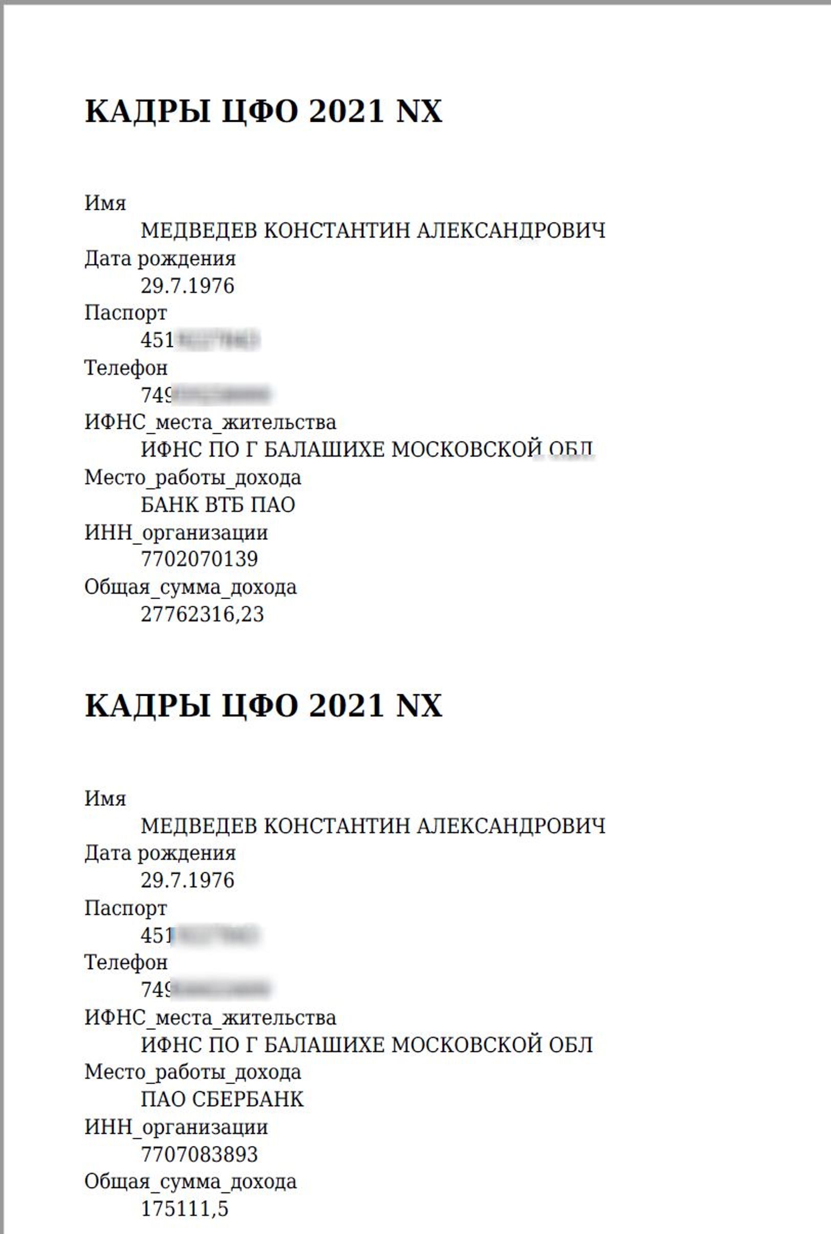 Screenshot of leaked data indicating Medvedev’s income in 2021 from VTB alone was listed as $305,000 — close to 15 times the average military salary at the GRU.