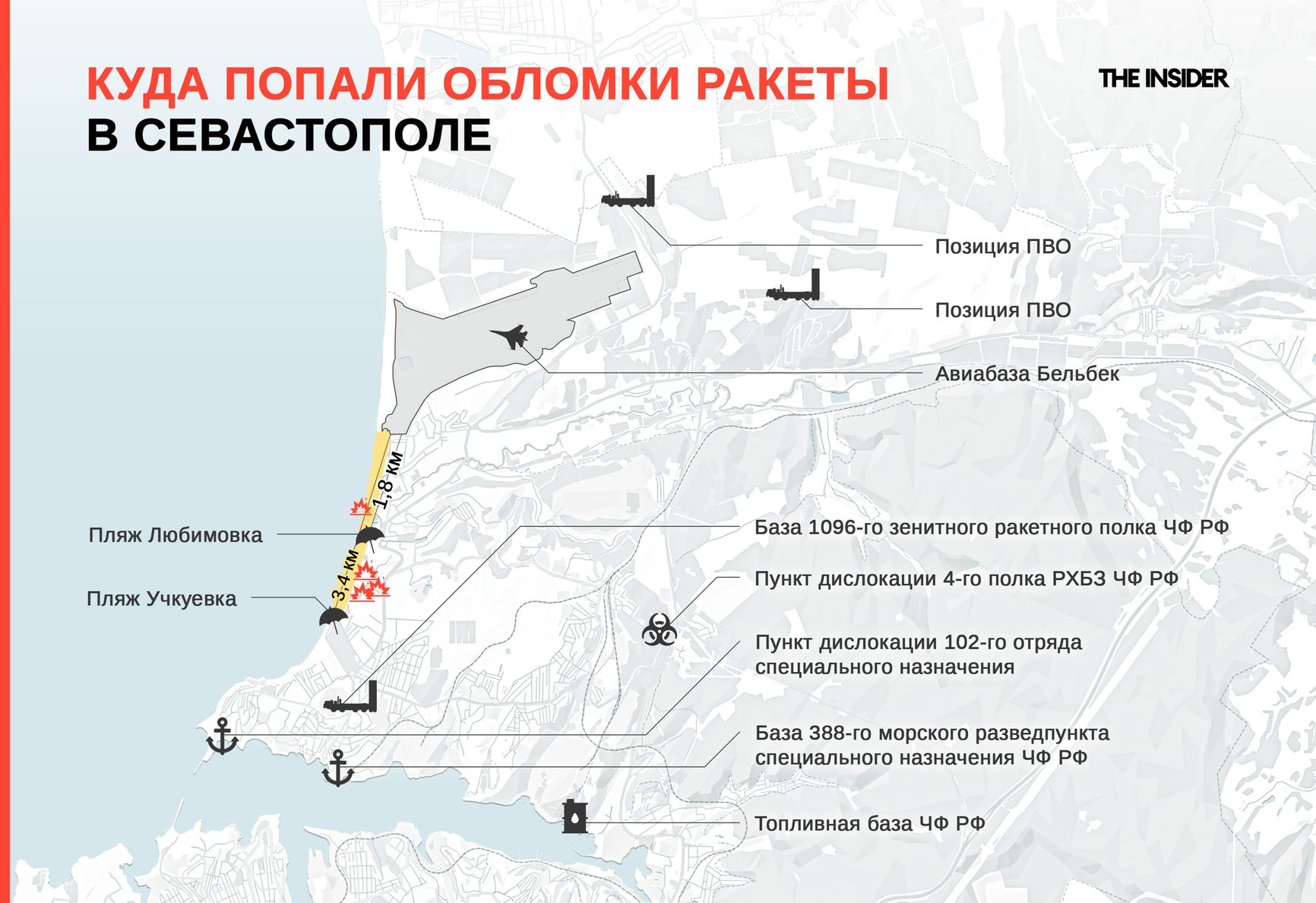 A map showing the location of the tragedy, The Belbek airfield to the north of the affected beaches is marked with a fighter jet icon