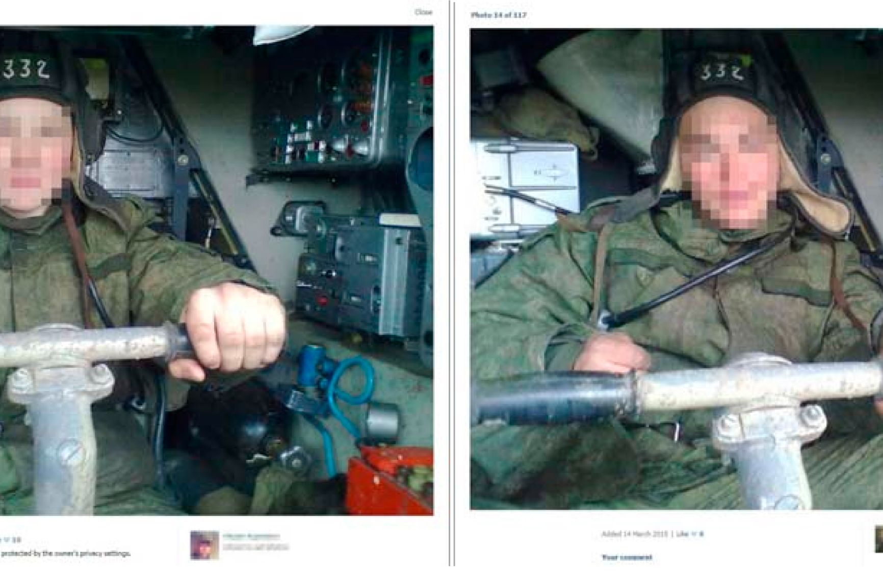 Две фотографии в аккаунтах разных солдат, сидящих на водительском месте самоходной огневой установки «Бук» в шлемофоне с номером «332»: обе фотографии загружены 14 марта 2015 г.