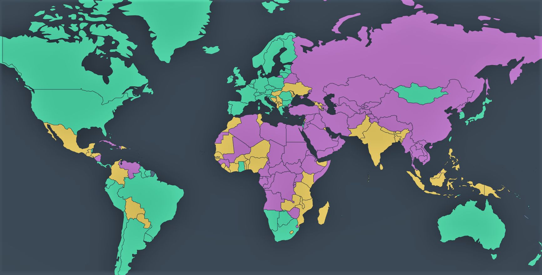 The global freedom map by Freedom House. Green regimes are considered free, yellow regimes are partly free, and purple regimes lack freedoms. Mongolia is surrounded by authoritarian regimes