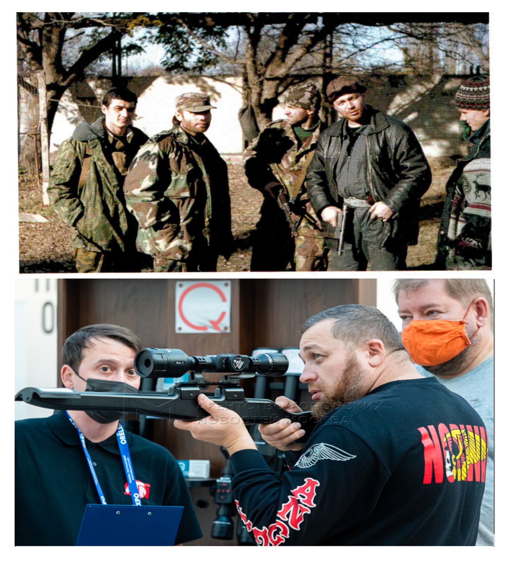 Karaziy (second from right) in Chechnya circa 1996, and more recently at a gun show in Moscow.