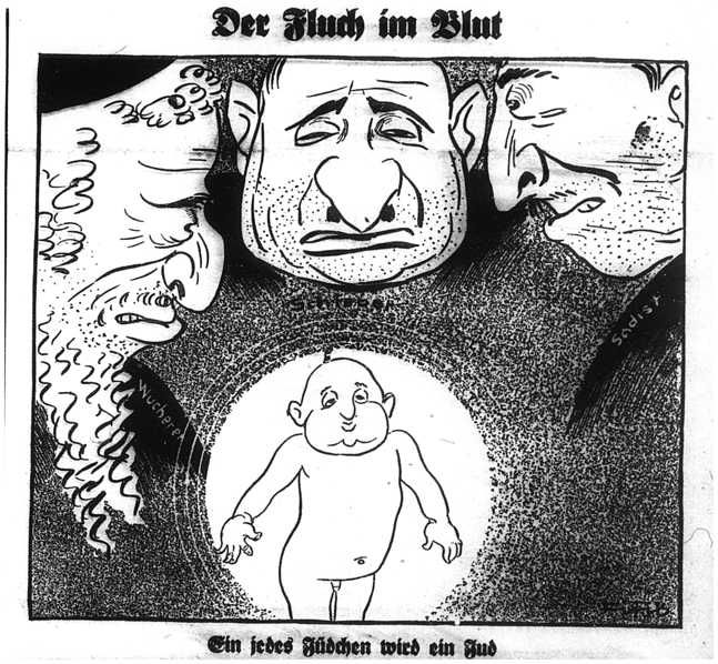 Карикатура в Der Stürmer. Подпись гласит: «Каждый маленький еврейский ребенок вырастает евреем»