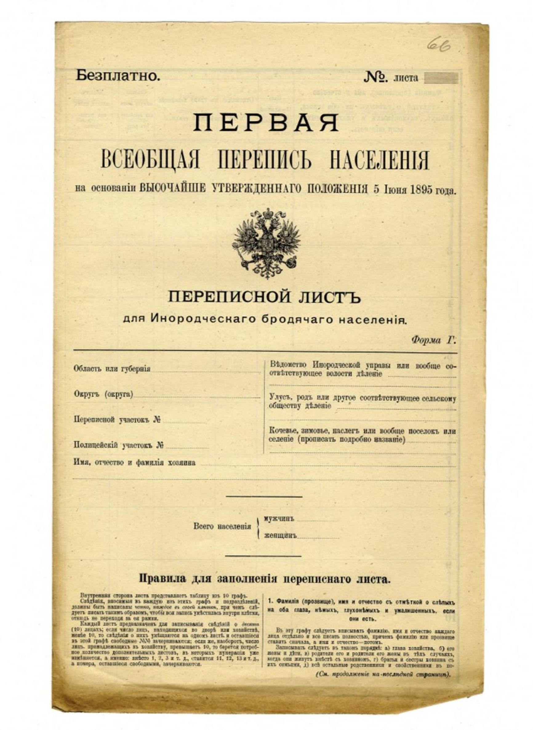 Form of the First General Population Census of the Russian Empire