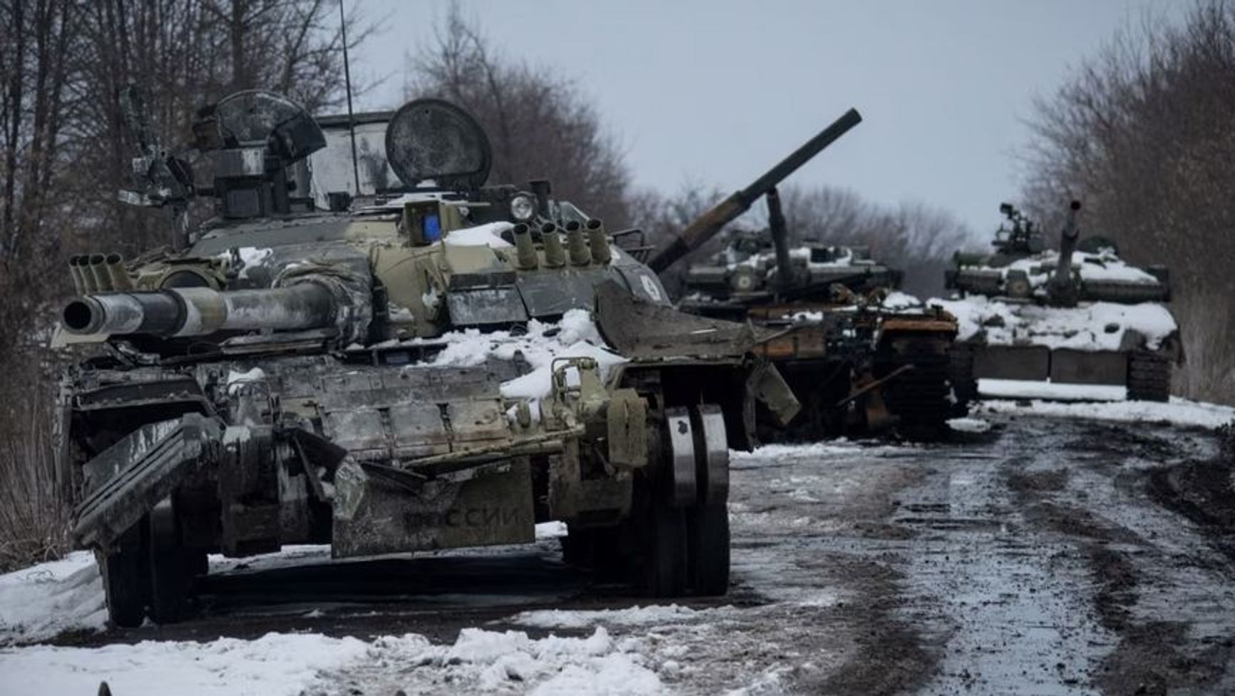 A destroyed Russian tank column in the Sumy region of Ukraine, March 7, 2022