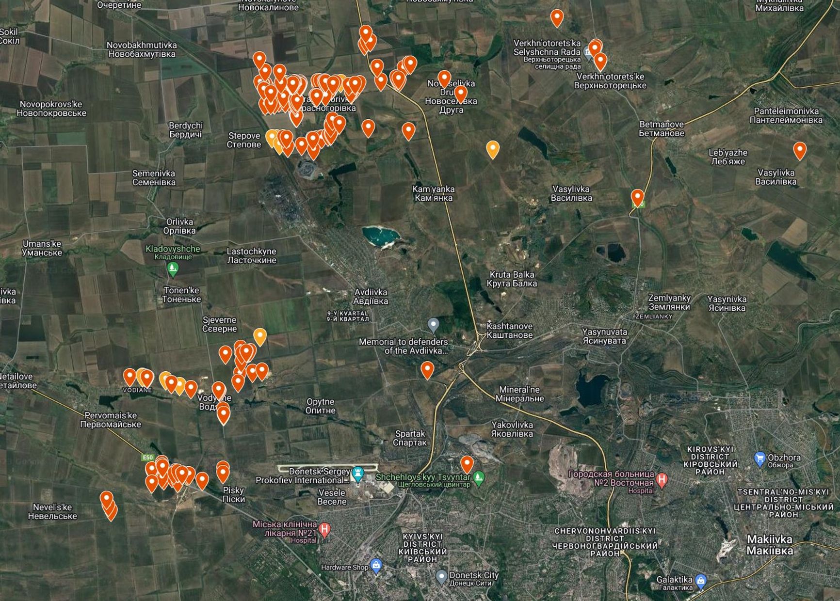 Геолокация российских потерь техники и вооружений в районе Авдеевки с 9 по 31 октября 2023 года