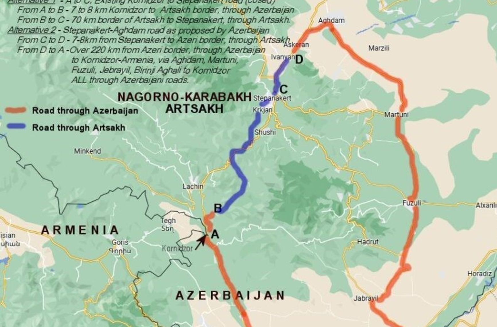 The road from Aghdam to Stepanakert, blocked in the vicinity of Askeran